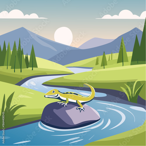 An illustrated scene of a lizard perched on a rock in a river, surrounded by mountains and trees. The vibrant colors create a sense of harmony between nature and the animal