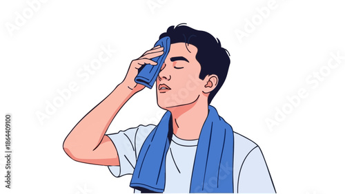 Young man cooling off with towel on his forehead during exercise  