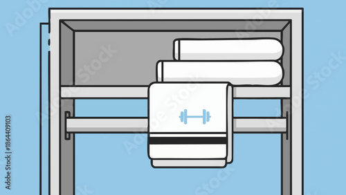 Gym locker shelf with rolled towels and dumbbell graphic design  