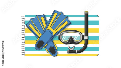 Snorkeling gear featuring fins and mask on striped beach towel  
