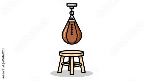 Speed bag hanging above a wooden stool in a minimalist style  