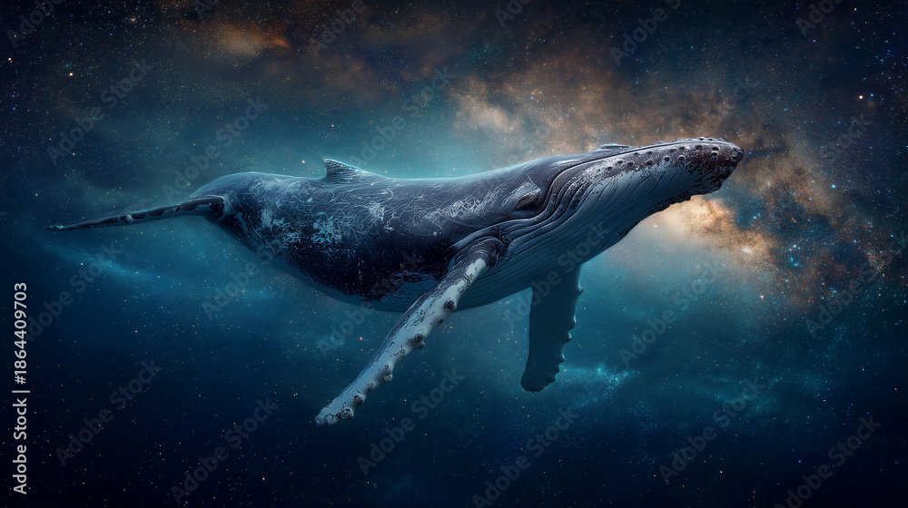Fototapeta premium Majestic humpback whale swims through a cosmic ocean under a starry nebula sky. This powerful mammal navigates the vast universe with graceful underwater motion. A true wonder of the deep and sky 