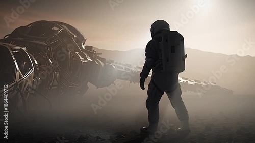 A lone astronaut stands amidst the desolate, dusty landscape of an alien planet, contemplating the wreckage of a futuristic spacecraft under the glow of a distant sun