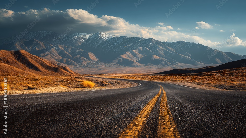 Fototapeta premium an expansive desert road stretching into the distance. the horizon is marked by rugged mountain peaks, while the road itself appears to be made of dirt or gravel, suggesting a remote location