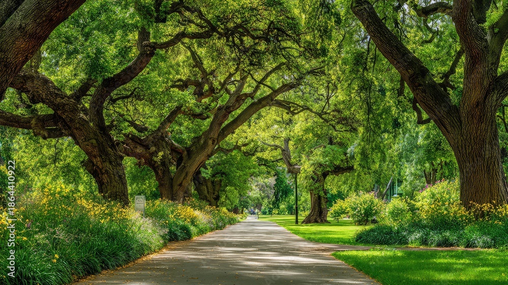 Fototapeta premium a serene park scene with a paved pathway through it. lush trees line both sides of the walkway, providing shade and a natural canopy overhead