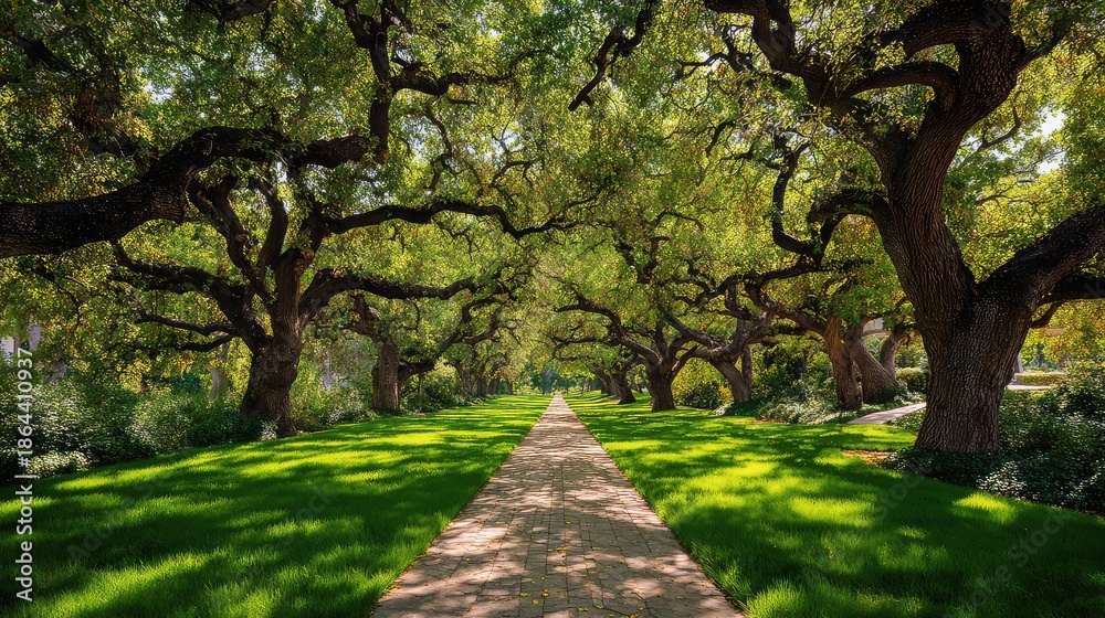 Obraz premium a serene park scene dominated by an ancient, gnarled tree with sprawling branches. the tree stands as the focal point, its textured bark and intricate branches suggesting age and resilience