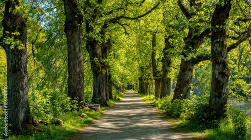 a serene outdoor setting where a tree lined pathway meanders through a lush, verdant landscape, providing a tranquil environment for walking or contemplation