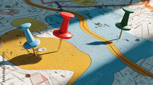 a vintage style map with pins marking various locations. on the map, there are three push pins in different colors: one is blue, one is red, and the third is green