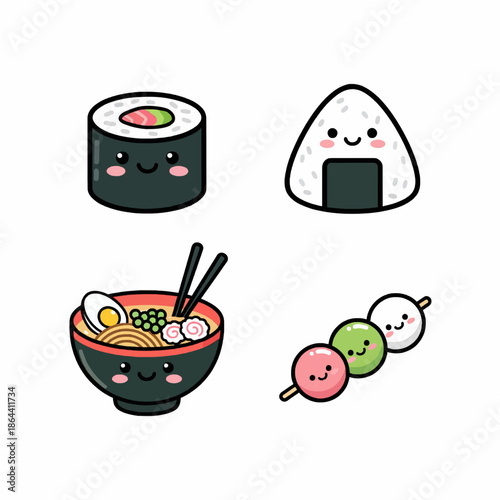 Japanese cuisine icons set including sushi, onigiri, ramen bowl, and dango