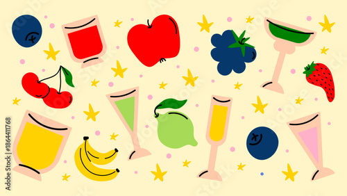Retro cartoon alcoholic fruit set with cocktails and juicy fruits. Playful groovy illustrations inspired by summer drinks and fresh flavors.