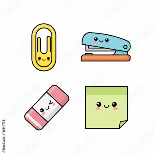 flat icon set with paperclip, stapler, eraser, sticky note