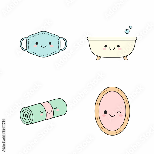 Selfcare icons set with face mask, bathub, yoga mat, mirror