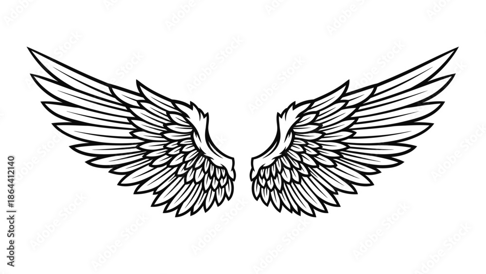 Obraz premium Intricate black and white outline of angel wings symbolizing freedom and spirituality