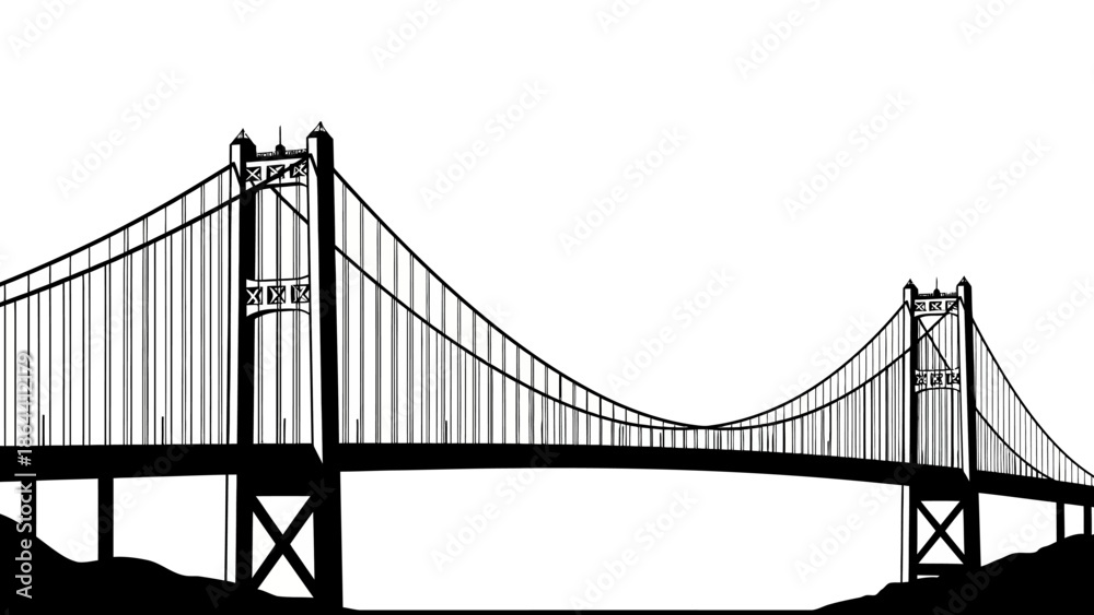 Fototapeta premium Minimalist Black and White Illustration of a Suspended Bridge with Tall Towers and Cables