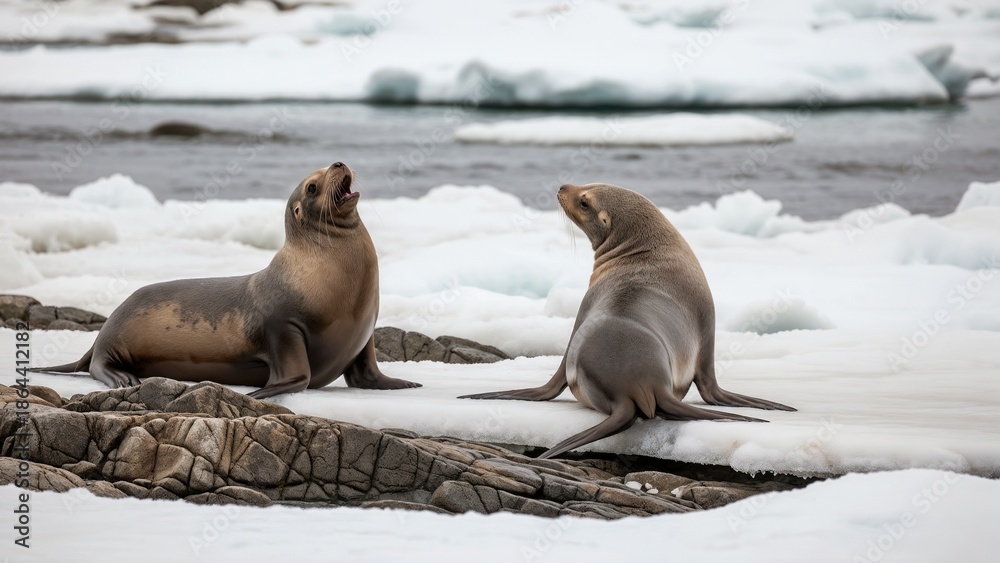 Fototapeta premium Two seals are chatting in a playful mood on a snowy Arctic shore