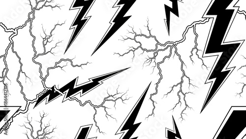 Dynamic lightning and thunderbolt illustration with jagged branching patterns in monochrome design
