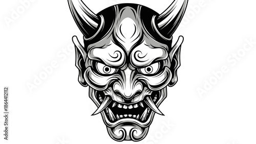 Menacing Oni Mask with Fierce Expression and Intricate Design Elements