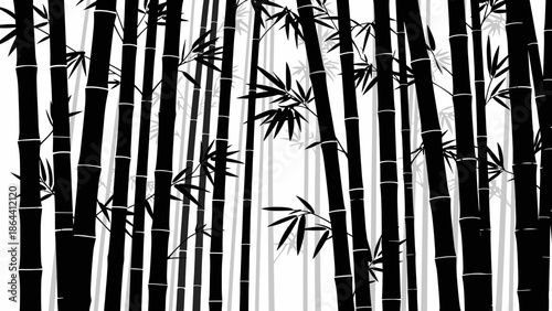 Monochrome bamboo forest silhouette featuring dense tall stalks with sparse leaves in a dramatic