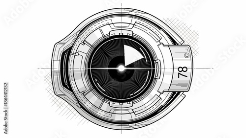 Futuristic digital timer interface with sleek circular design and detailed technical elements