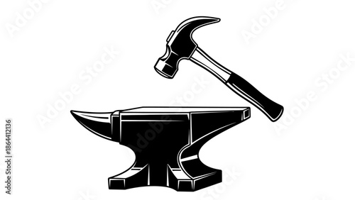 Silhouette of a hammer and anvil with a hammer positioned above the anvil for blacksmithing or