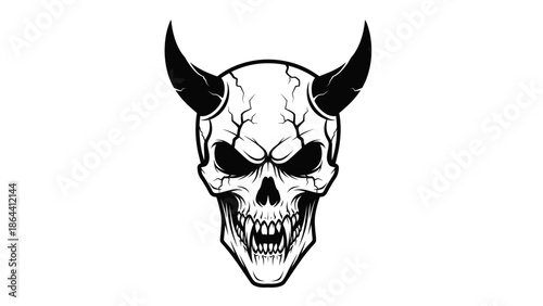 Demonic Skull Illustration with Menacing Expression and Horns Emphasizing Dark Mysticism and