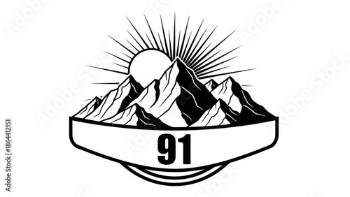 Minimalist mountain crest emblem with sunrise and number 91 for outdoor sports or adventure logo