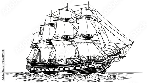 Detailed black and white line drawing of a historic sailing ship with multiple masts navigating