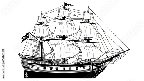 Intricate line drawing of a historic three-masted sailing ship with detailed rigging and billowing