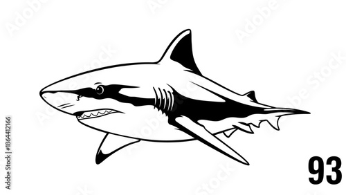 Minimalist black and white illustration of a shark swimming with the number 93 in the lower right