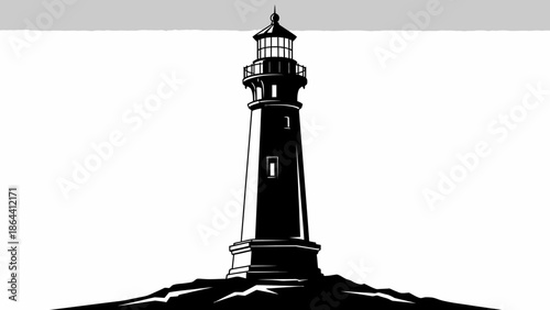 Stark black and white silhouette of classic lighthouse standing tall against a light sky