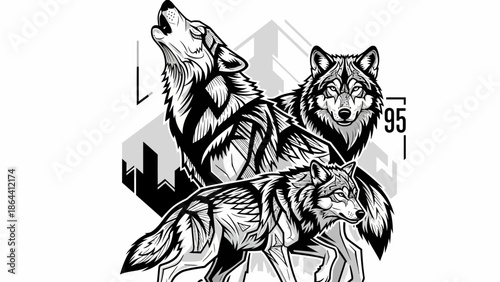 Stylized black and white illustration of three wolves showcasing different poses and expressions