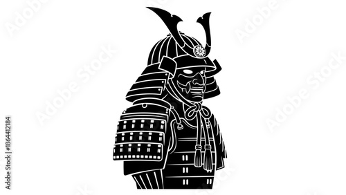 Stylized Black and White Illustration of a Samurai Warrior in Traditional Armor with Helmet
