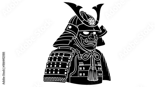 Intricate black and white illustration of a traditional samurai armor with detailed helmet and