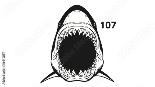 Minimalist Illustration of a Menacing Great White Shark with Open Mouth and Sharp Teeth in Black