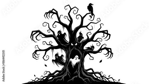Spooky haunted tree with menacing eyes and ghostly faces in silhouette style for dark themed artwork