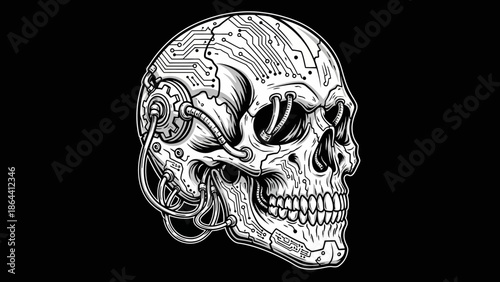 Futuristic Cybernetic Skull with Embedded Circuits and Technological Enhancements Visualized in