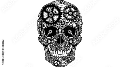 Intricate Mechanical Skull Illustration Combining Gears and Artistic Detailing