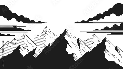 Minimalist monochrome mountain landscape with dramatic peaks and cloud formations