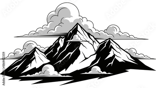 Minimalist Black and White Illustration of Towering Mountain Range with Voluminous Clouds