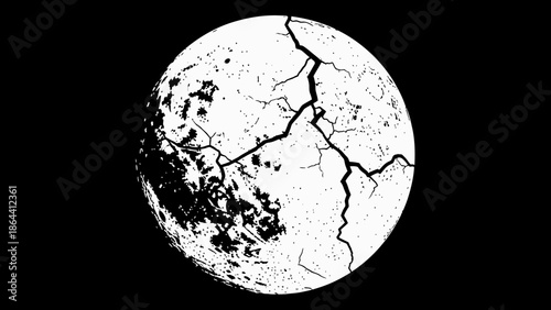 Abstract depiction of a cracked celestial body with stark contrast and fragmentation emphasizing