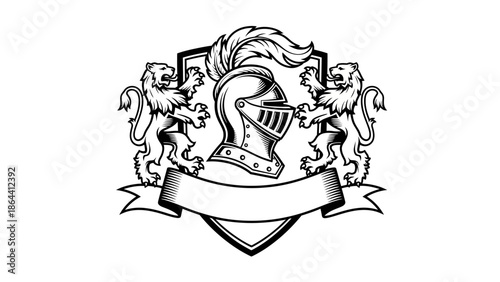 Heraldic crest featuring a knight's helmet flanked by two lions holding shields with a blank