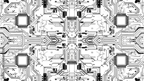 Intricate black and white digital circuit pattern resembling futuristic technological maze