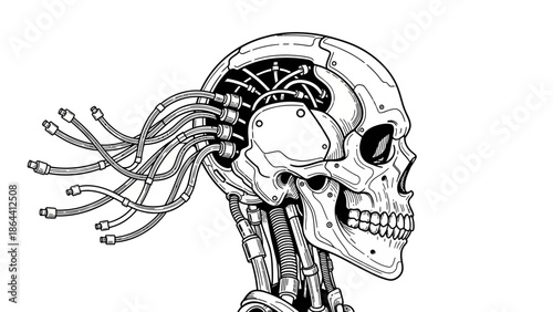 Futuristic Cybernetic Skull Illustration Highlighting Technological Integration and Human Anatomy