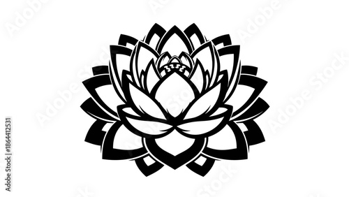 Intricate black and white lotus mandala symmetrical design emphasizing spiritual harmony
