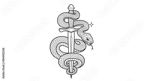 Black and White Illustration of a Serpent Wrapped Around a Medical Caduceus with Sparkle Details