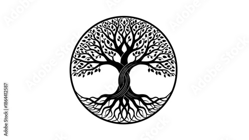 Intricate Circular Tree of Life Illustration Depicting Organic Symmetry and Rooted Growth