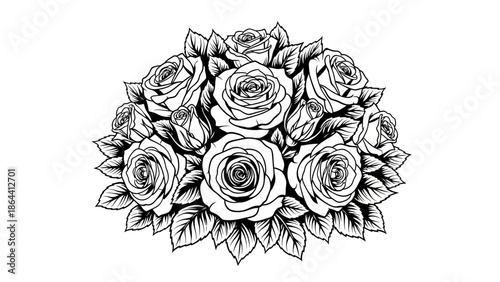 Intricate Black and White Rose Bouquet Illustration with Detailed Petals and Leaves for Artistic