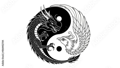 Intricate Yin and Yang Tattoo Illustration Featuring a Dragon and an Eagle Intertwined in Black