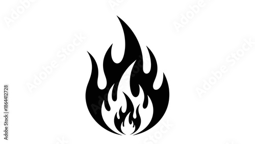 Stylized black flame icon symbolizing energy, power, and transformation in a minimalistic design