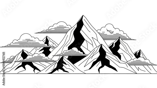 Minimalist Illustration of Snow-Capped Mountain Range with Dynamic Cloud Layers and Sharp Peaks